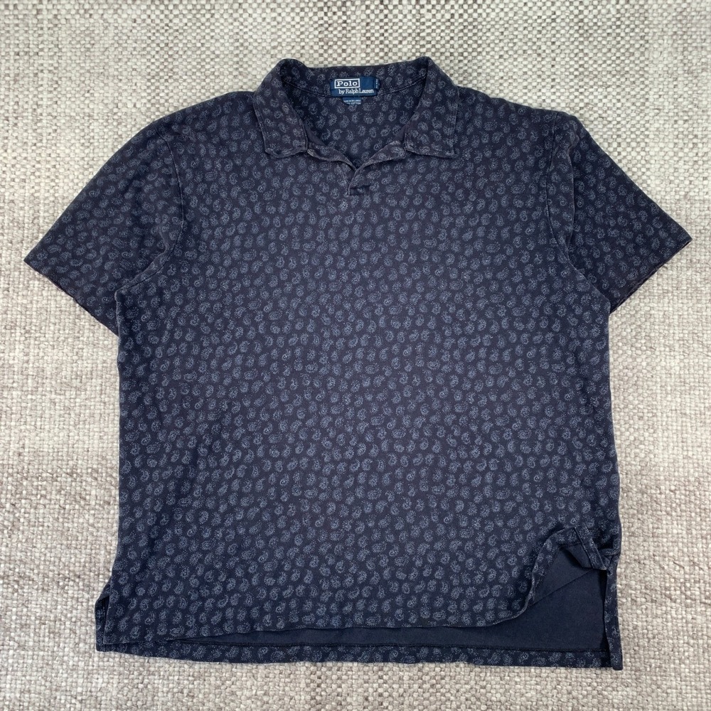 Polo Ralph Lauren Polo Shirt Mens XL Navy Blue Paisley Print Cotton Short Sleeve